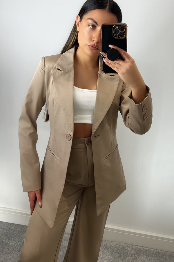 Lasula Cyndi Beige High Waisted Wide Leg Tailored Trousers