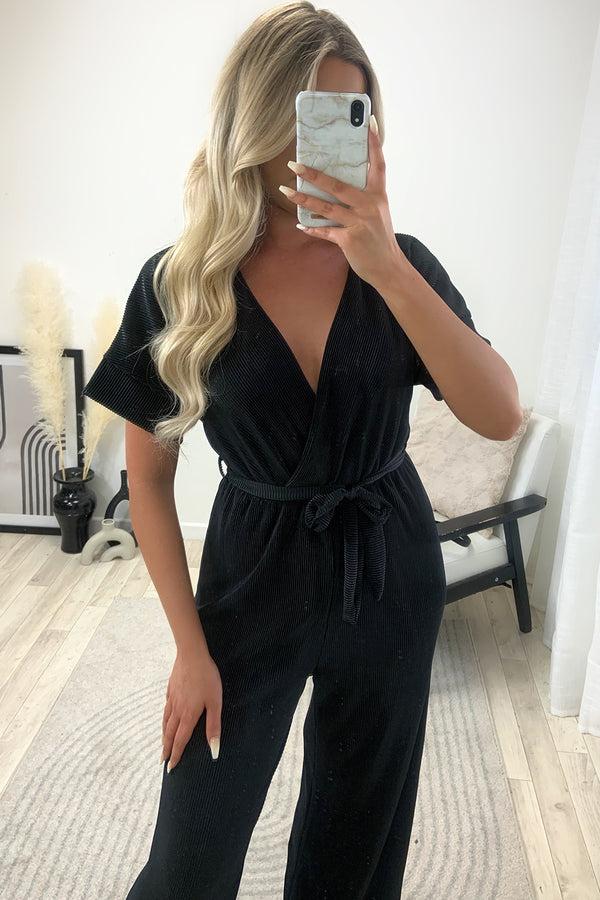 Lasula Danica Black Tie Belt Wrap Plisse Wide Leg Jumpsuit