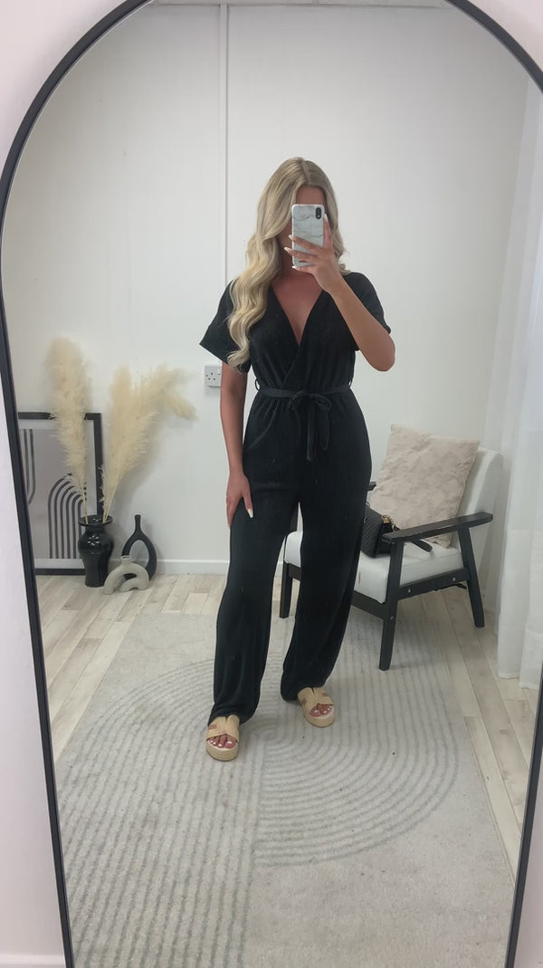 Lasula Danica Black Tie Belt Wrap Plisse Wide Leg Jumpsuit