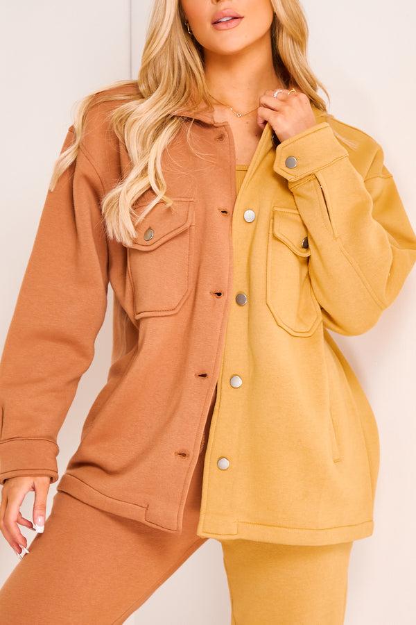 lasula Darcy Beige and Camel Colour Block Oversized Shacket