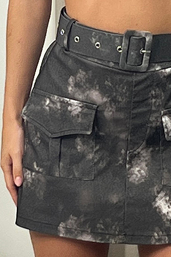 Lasula Dina Grey Tie Dye Belted High Waisted Cargo Skort