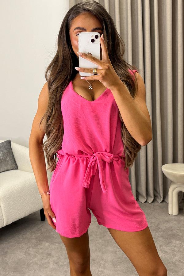 Lasula Elaney Dark Pink V Neck Sleeveless Tie Back Belted Playsuit