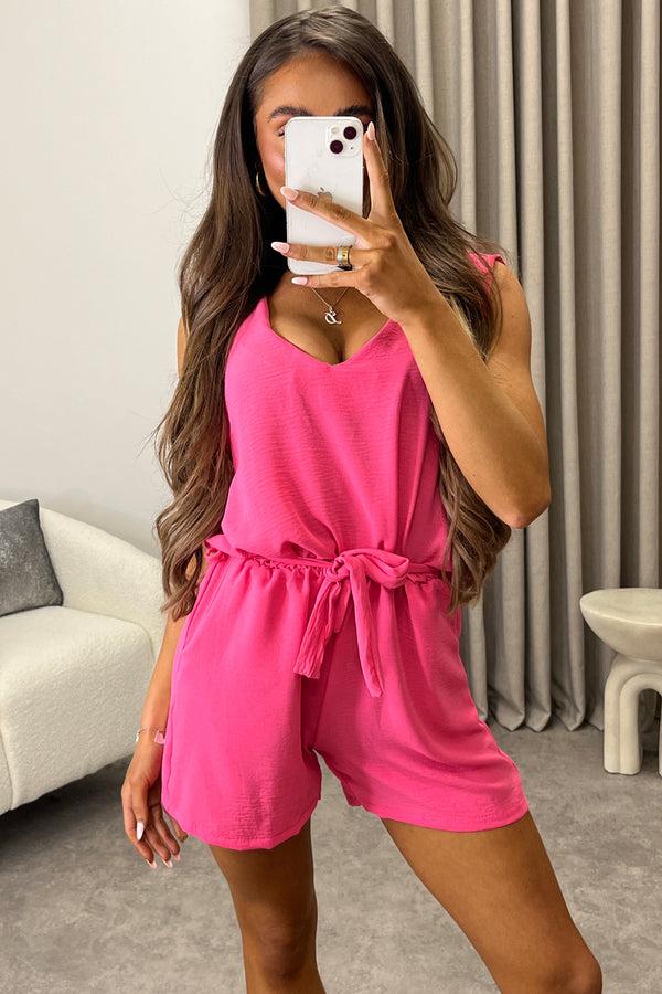 Lasula Elaney Dark Pink V Neck Sleeveless Tie Back Belted Playsuit