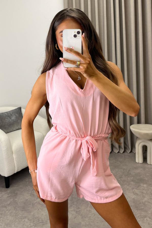 Lasula Elaney Light Pink V Neck Sleeveless Tie Back Belted Playsuit