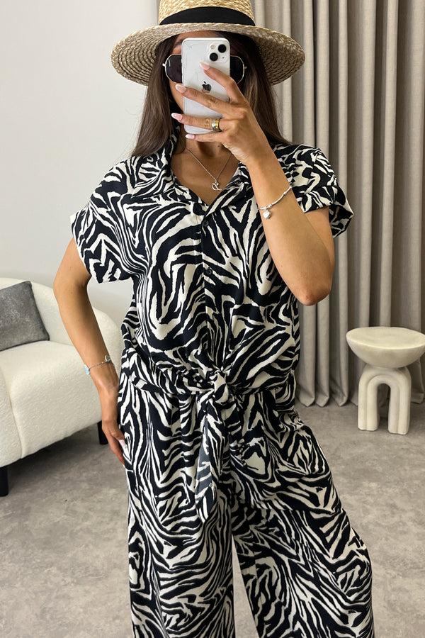 Lasula Elarie Black And Beige Zebra Print Tie Front Shirt And Trousers Co-Ord Set
