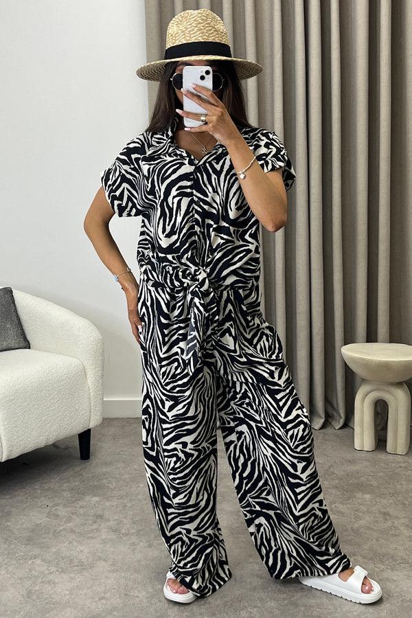 lasula Elarie Black and Beige Zebra Print Tie Front Shirt and Trousers Co-Ord Set