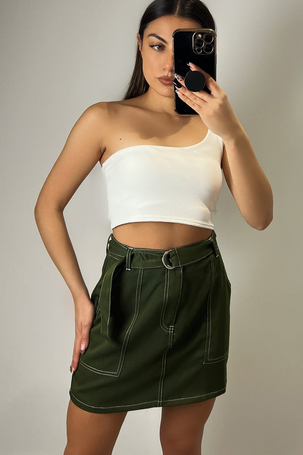 Lasula Eliana Khaki Contrast Stitch Utility Cargo Mini Skirt
