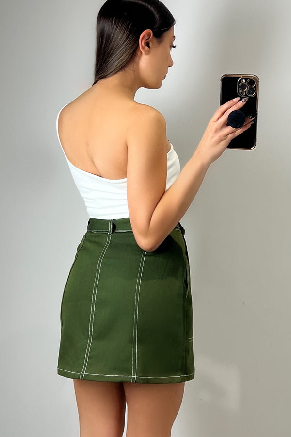 Lasula Eliana Khaki Contrast Stitch Utility Cargo Mini Skirt