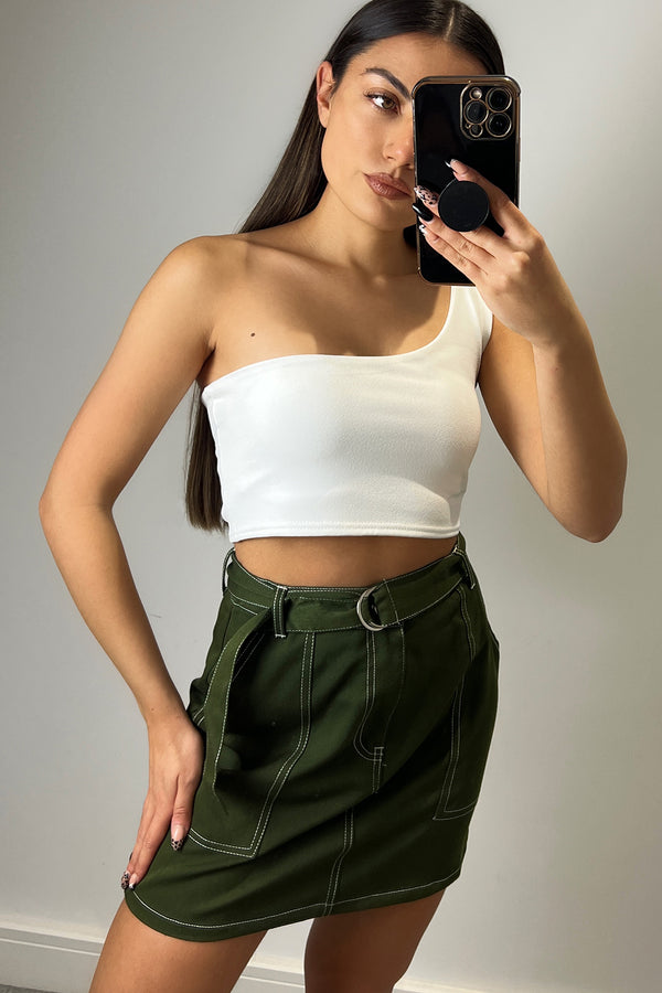 lasula Eliana Khaki Contrast Stitch Utility Cargo Mini Skirt