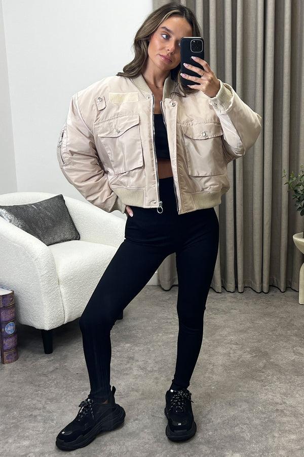 Lasula Elka Beige Utility Pocket Oversized Bomber Jacket