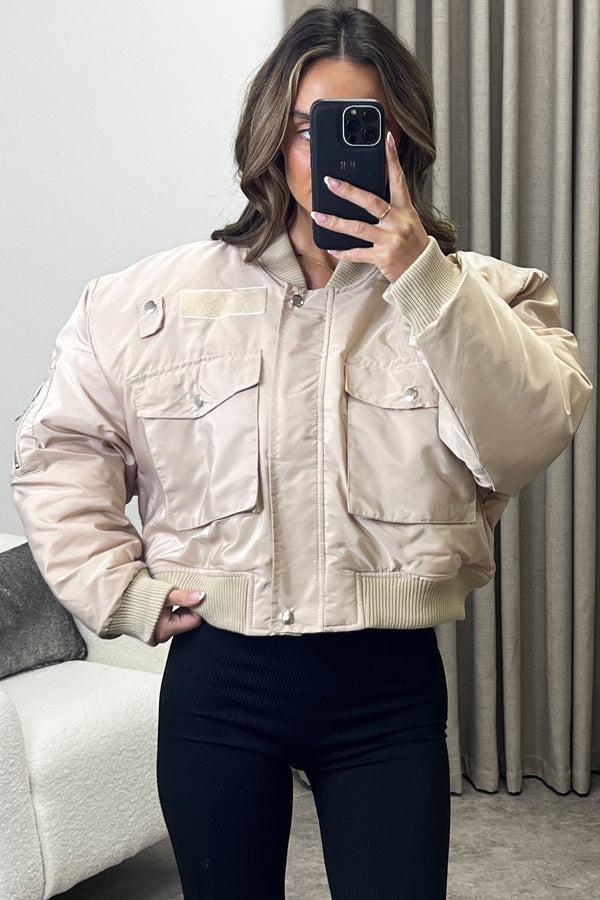 Lasula Elka Beige Utility Pocket Oversized Bomber Jacket
