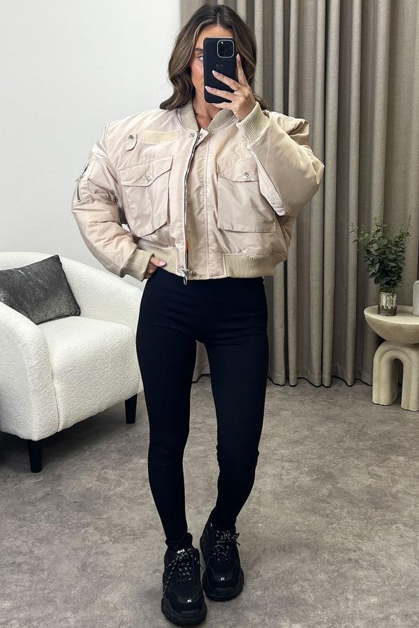 Lasula Elka Beige Utility Pocket Oversized Bomber Jacket