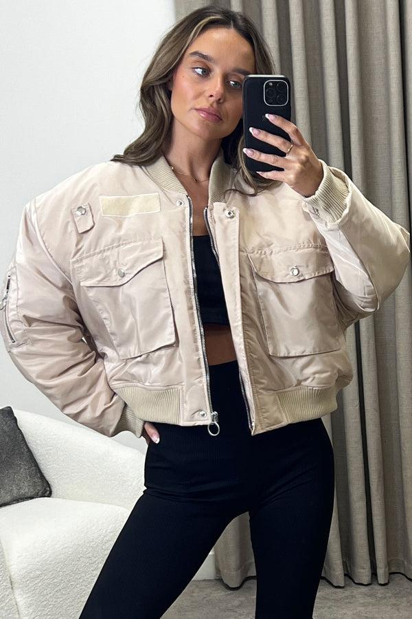 lasula Elka Beige Utility Pocket Oversized Bomber Jacket