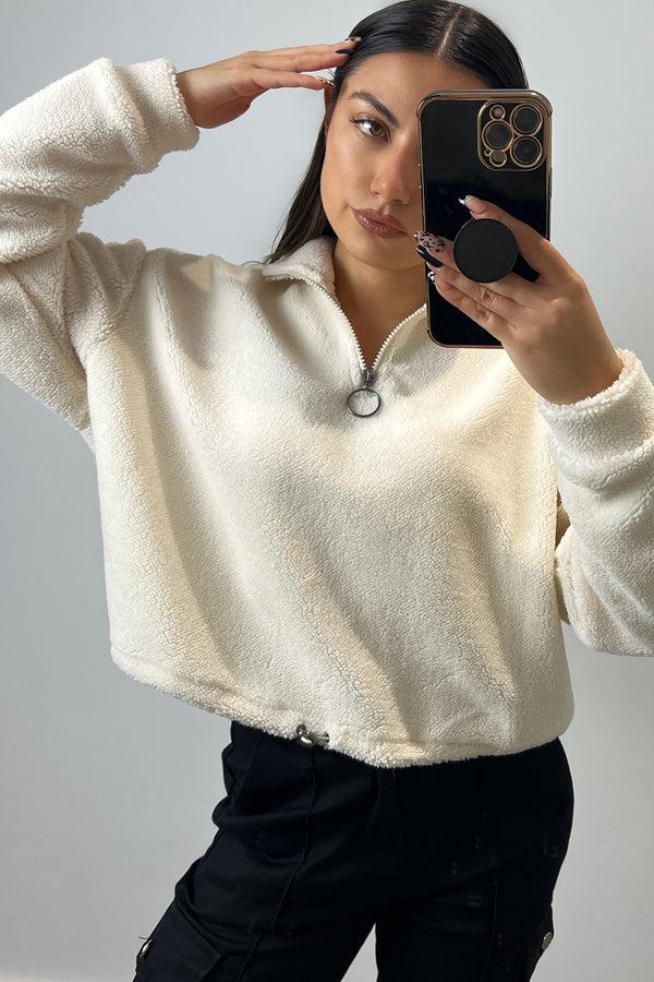 Lasula Enya Cream Half Zip High Neck Teddy Borg Sweatshirt