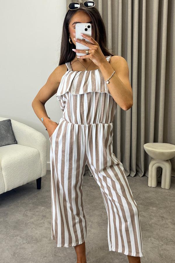 Lasula Esmme Beige Stripe Print Frill Detail Culotte Jumpsuit