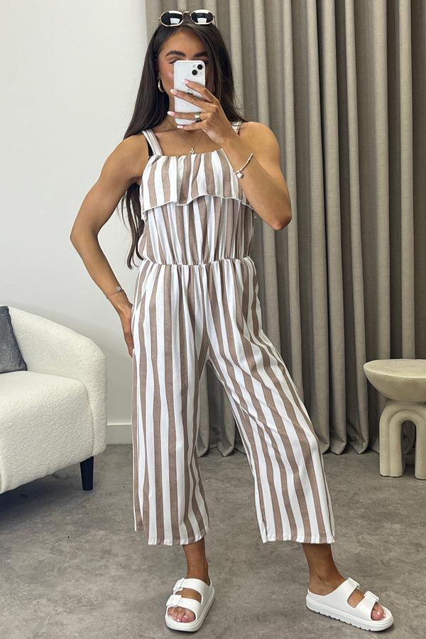 Lasula Esmme Beige Stripe Print Frill Detail Culotte Jumpsuit