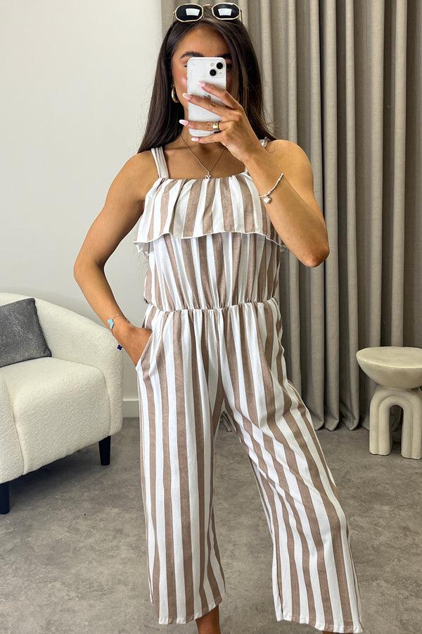 Lasula Esmme Beige Stripe Print Frill Detail Culotte Jumpsuit