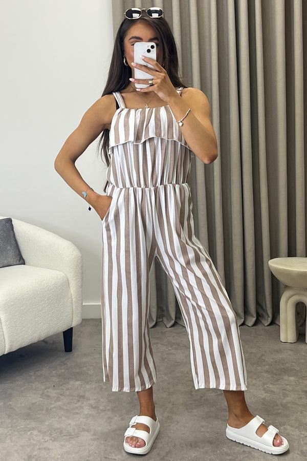 lasula Esmme Beige Stripe Print Frill Detail Culotte Jumpsuit