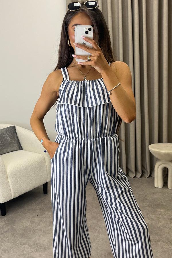 Lasula Esmme Grey Stripe Print Frill Detail Culotte Jumpsuit