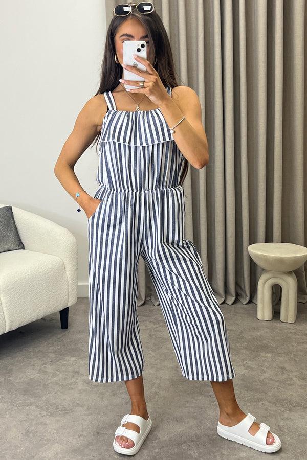 Lasula Esmme Grey Stripe Print Frill Detail Culotte Jumpsuit