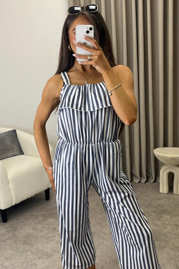 Lasula Esmme Grey Stripe Print Frill Detail Culotte Jumpsuit