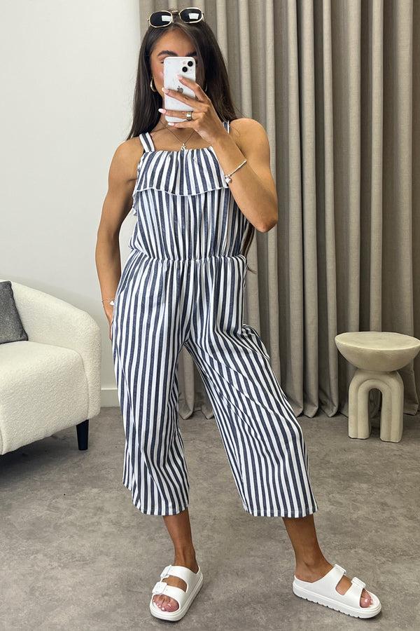 lasula Esmme Grey Stripe Print Frill Detail Culotte Jumpsuit