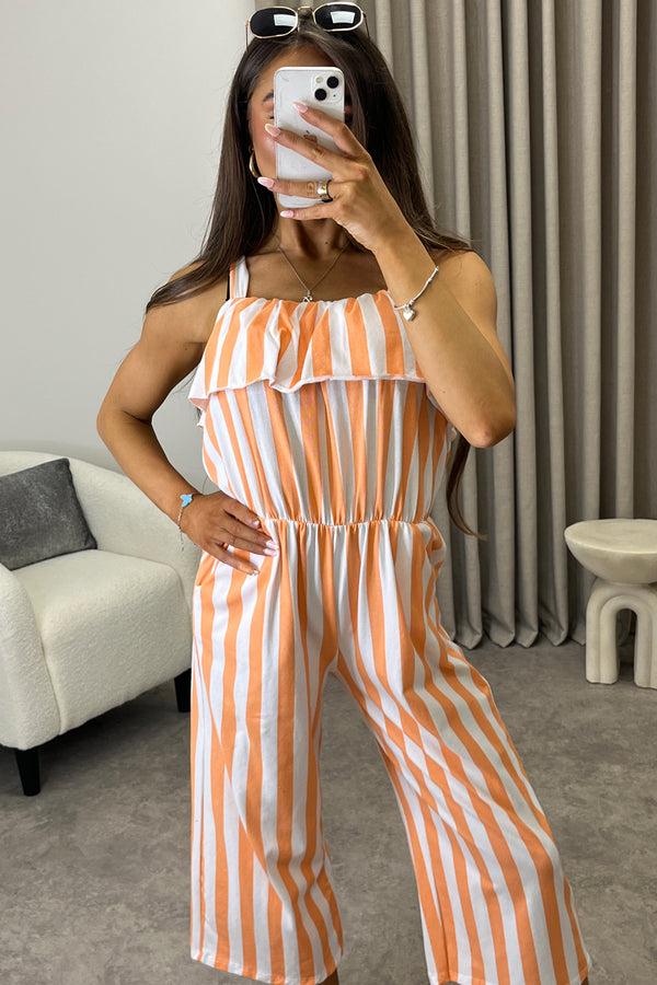 Lasula Esmme Orange Stripe Print Frill Detail Culotte Jumpsuit