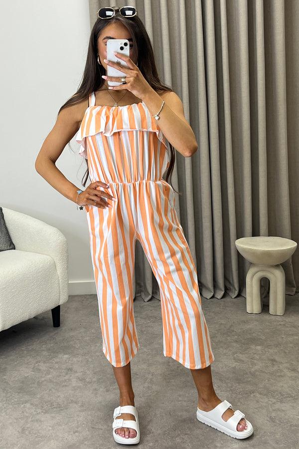 Lasula Esmme Orange Stripe Print Frill Detail Culotte Jumpsuit