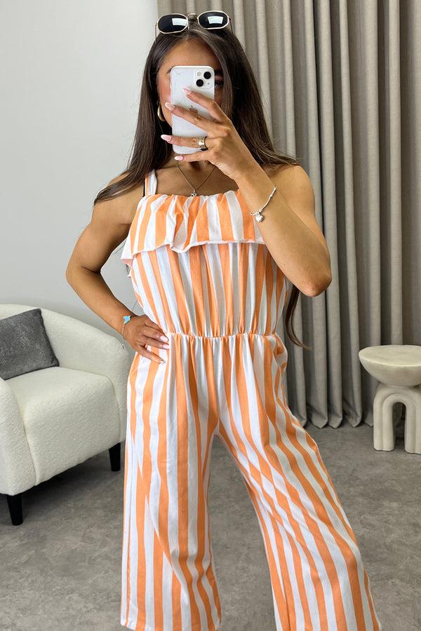 Lasula Esmme Orange Stripe Print Frill Detail Culotte Jumpsuit