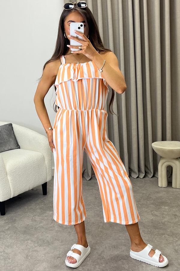 lasula Esmme Orange Stripe Print Frill Detail Culotte Jumpsuit