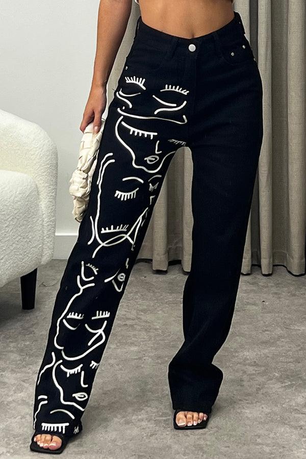 lasula Esther Black Line Art Face Print High Waisted Denim Jeans