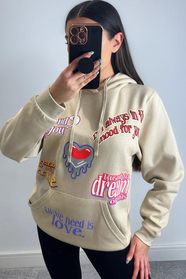 Lasula Farrah Beige All We Need Is Love Slogan Oversized Hoodie