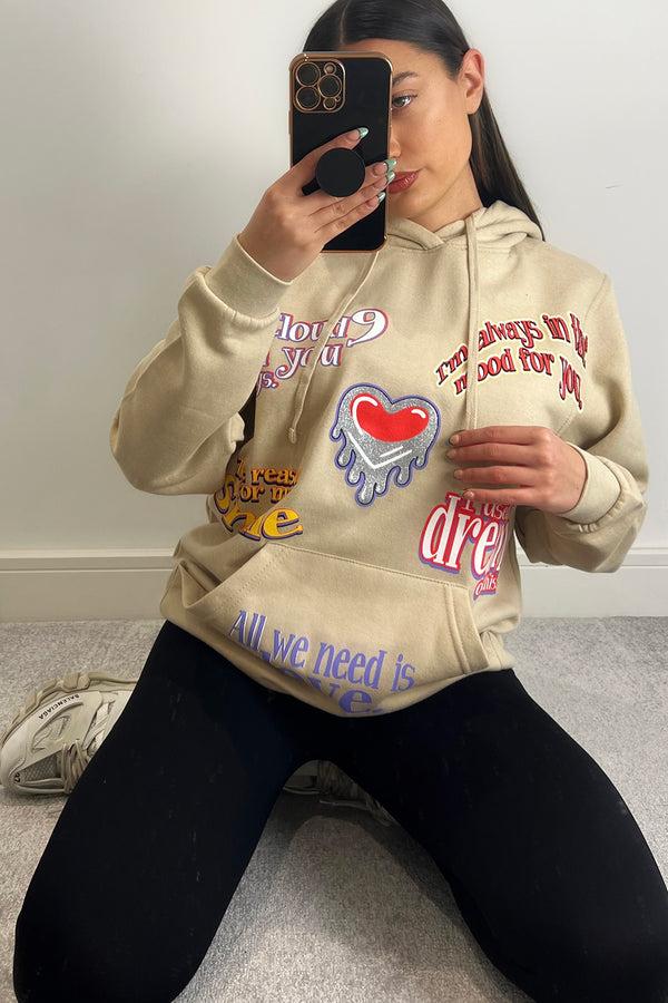 lasula Farrah Beige All We Need Is Love Slogan Oversized Hoodie