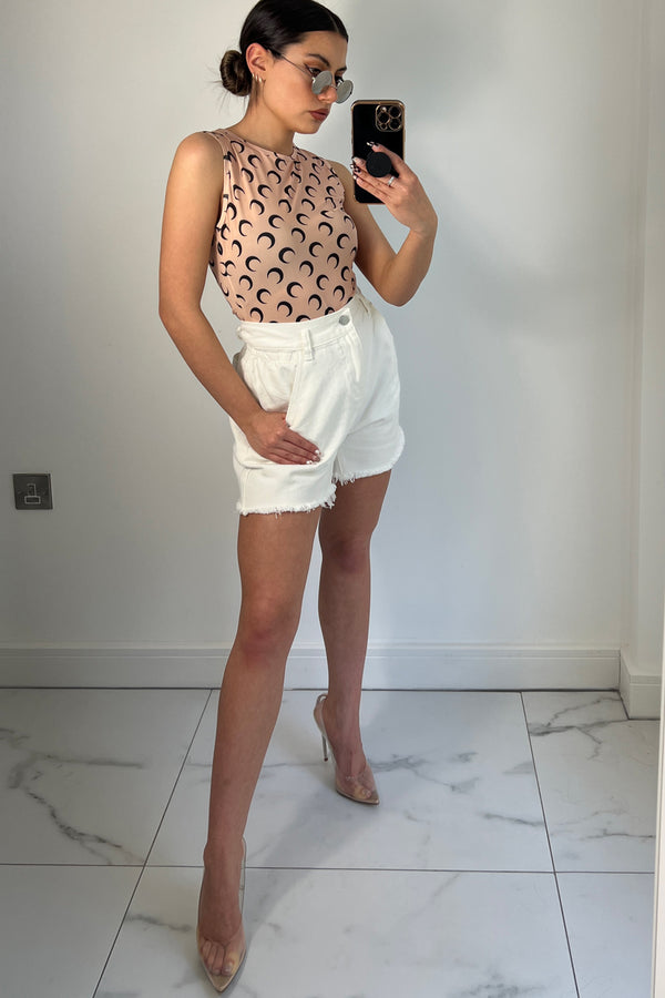 Lasula Fern White Paperbag High Waisted Longline Denim Shorts