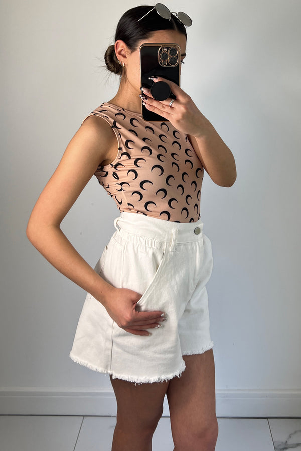Lasula Fern White Paperbag High Waisted Longline Denim Shorts
