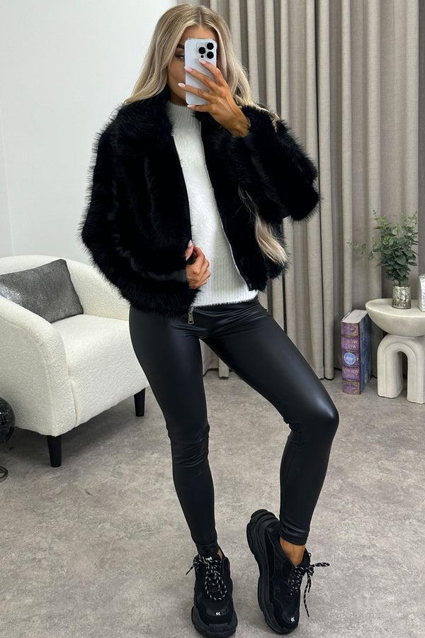Lasula Gerta Black Faux Leather PU Faux Fur Zip Up Jacket