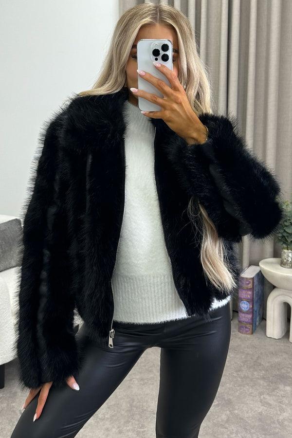Lasula Gerta Black Faux Leather PU Faux Fur Zip Up Jacket