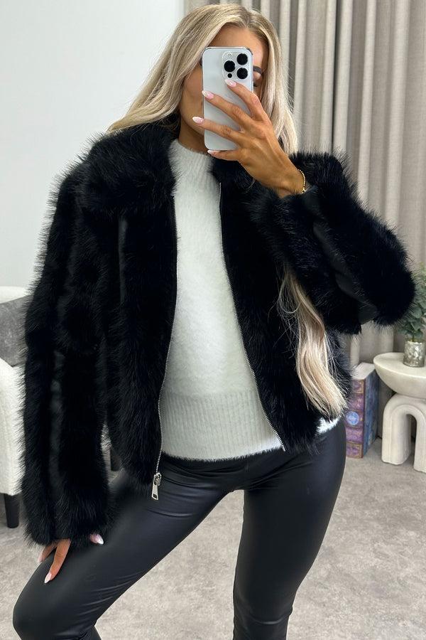 lasula Gerta Black Faux Leather PU Faux Fur Zip Up Jacket