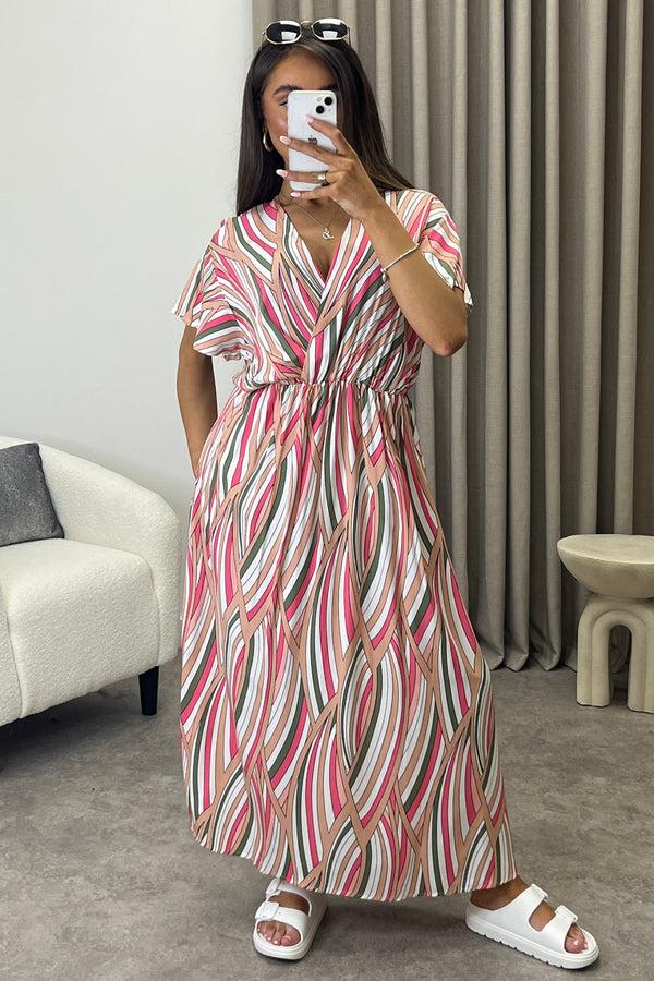 Lasula Gwyn Beige Multi Stripe Print Plunge Belted Maxi Dress