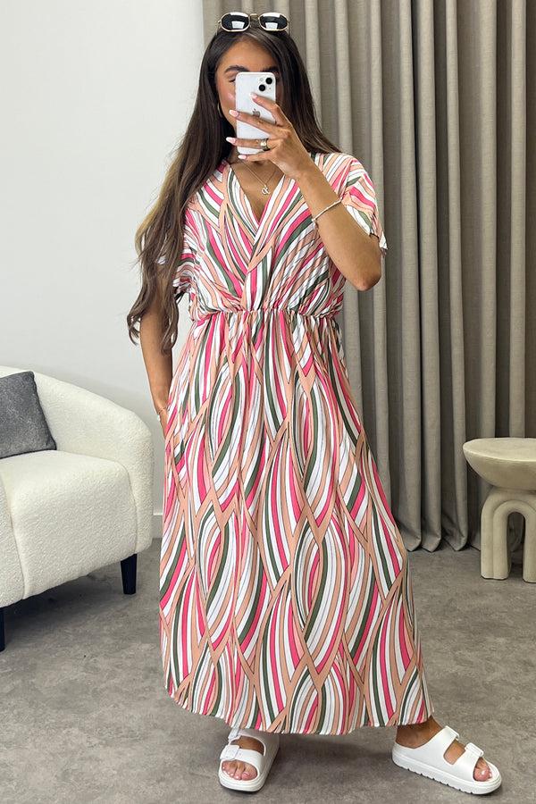 Lasula Gwyn Beige Multi Stripe Print Plunge Belted Maxi Dress
