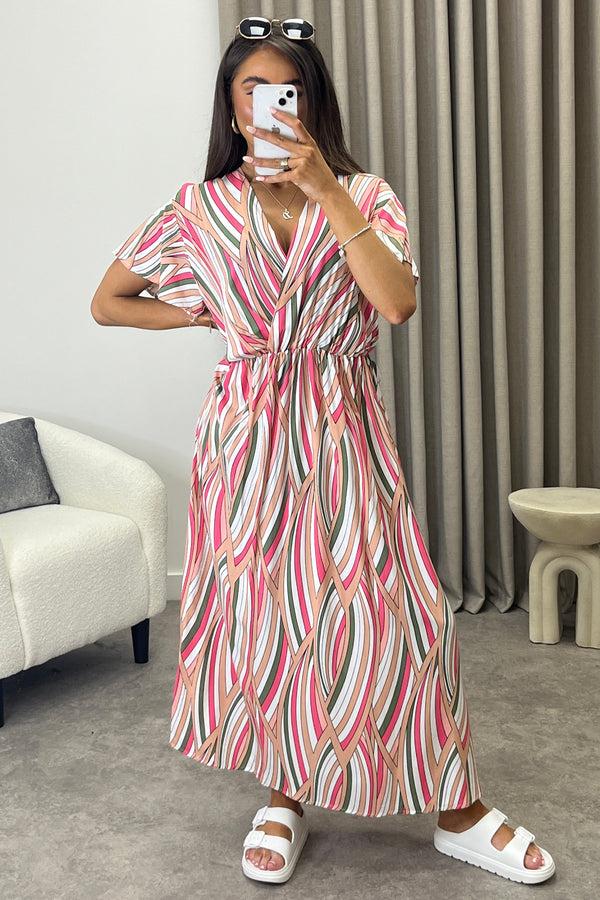 lasula Gwyn Beige Multi Stripe Print Plunge Belted Maxi Dress