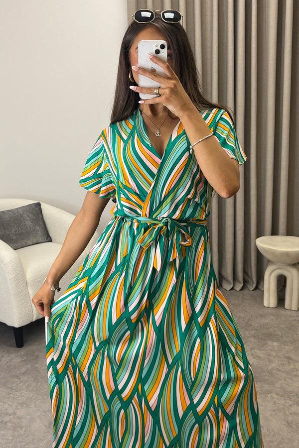 Lasula Gwyn Green Multi Stripe Print Plunge Belted Maxi Dress