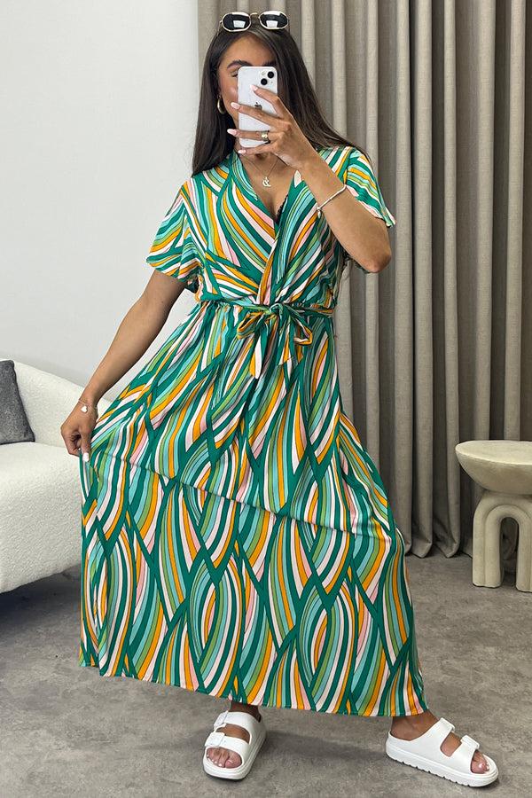 Lasula Gwyn Green Multi Stripe Print Plunge Belted Maxi Dress