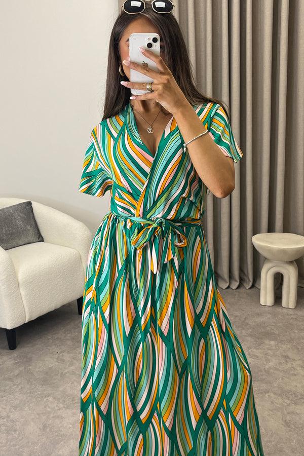 Lasula Gwyn Green Multi Stripe Print Plunge Belted Maxi Dress