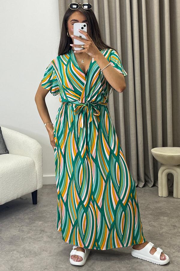 lasula Gwyn Green Multi Stripe Print Plunge Belted Maxi Dress