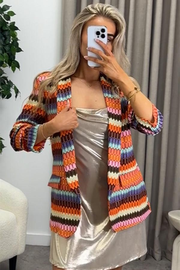 Lasula Hellen Orange Multi Stripe Ruched Sleeve Oversized Blazer