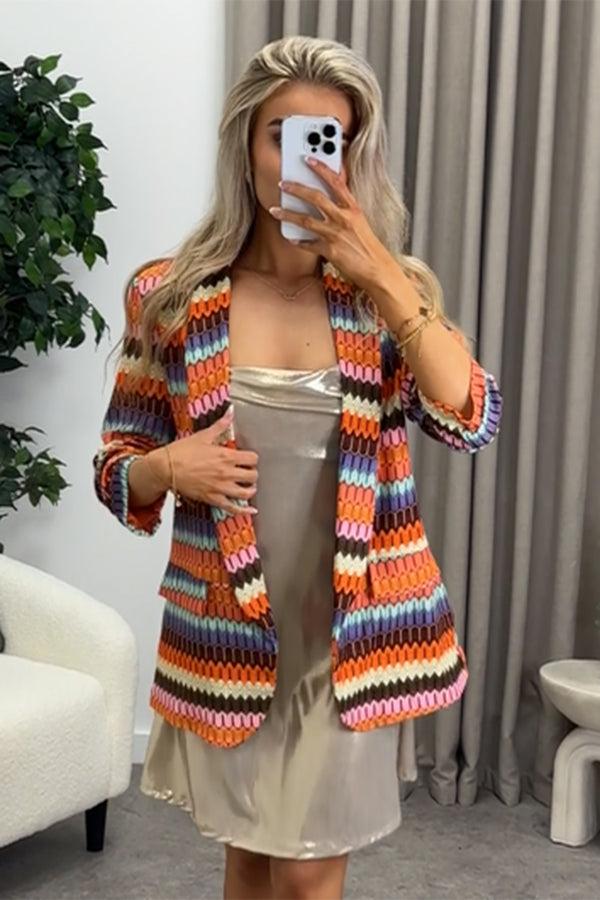Lasula Hellen Orange Multi Stripe Ruched Sleeve Oversized Blazer