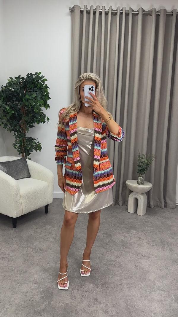 Lasula Hellen Orange Multi Stripe Ruched Sleeve Oversized Blazer