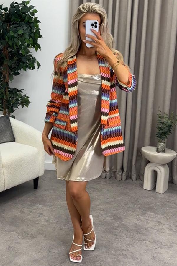 lasula Hellen Orange Multi Stripe Ruched Sleeve Oversized Blazer