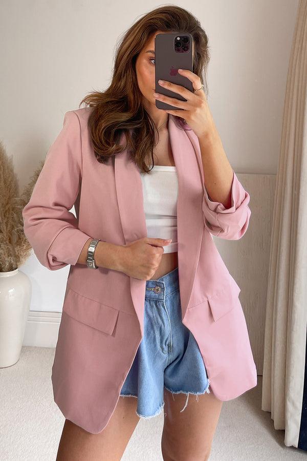 Lasula Hope Blush Pink Ruched Sleeve Oversized Tailored Blazer